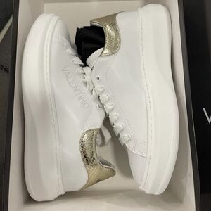 Valentino Garavani White and Gold Freesia Python Sneakers. Size 39 EU.
